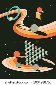 Abstract Space Psychedelic Illustration, 3D Shapes and Vintage Colors