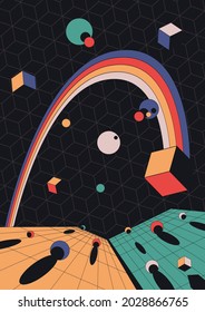 Abstract Space Psychedelic Illustration, Geometric shapes and Vintage Colors, Rainbow, Cubes, Balls, Perspective Grid 