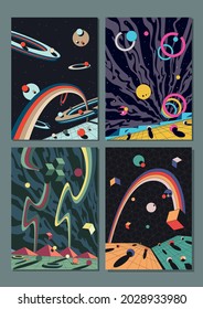 Abstract Space Psychedelic Illustration Set, Geometric Shapes Backgrounds