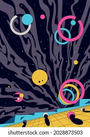 Abstract Space Psychedelic Illustration, Vintage Color Geometric Shapes, Rings, Balls, Perspective Grid 