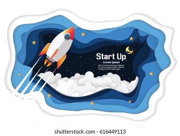 Abstract Space rocket launch and galaxy . paper art style.