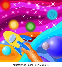 Escena espacial abstracta, con planetas y estrellas brillantes, ilustración de una nave espacial pasando por ahí.
