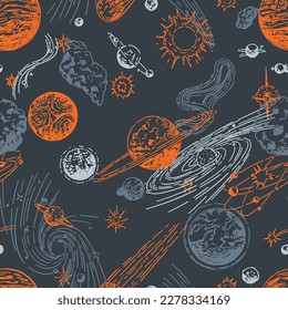 Abstract space seamless pattern. Ornament of planets, stars, comets, asteroids, galaxies. Hand drawn vector cosmic illustrations in retro engraving style..