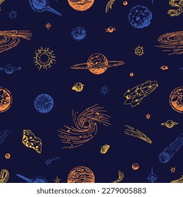 Abstract space seamless pattern. Ornament of planets, stars, comets, asteroids, galaxies. Hand drawn vector cosmic illustrations in retro engraving style..