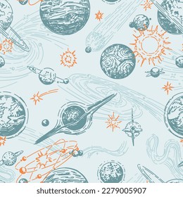 Abstract space seamless pattern. Ornament of planets, stars, comets, asteroids, galaxies. Hand drawn vector cosmic illustrations in retro engraving style..