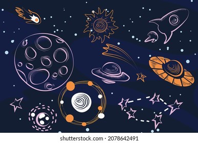 Abstract space set. Collection of space ships made in minimalist style. Flying saucer, rocket, modern technology, travel, adventure, exploration, galaxy, cosmos. Cartoon flat vector illustration