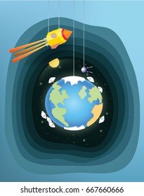 Abstract space ship, flying over the earth with clouds. Imitation of cut paper in layers.