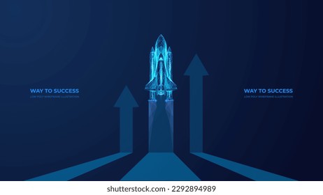 Abstract space shuttle and arrows up. Digital rocket launches. Start-up and success business start concept. Low poly wireframe 3D Vector illustration in technology blue on a dark futuristic background