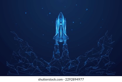 Abstract space shuttle launches into space. Glowing rocket and smoke under it. Digital start-up and success concept. Low poly wireframe 3D vector illustration in technology blue on a dark background.