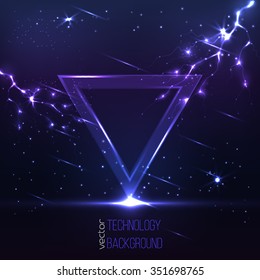 Abstract space technology background. Bright shining triangle with lightning on a deep night sky. Vector illustration