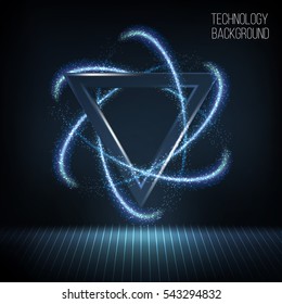 Abstract space technology background. Bright shining triangle with glowing neon lights and retro disco stage (grid). Vector illustration