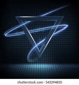 Abstract space technology background. Bright shining triangle with glowing neon lights and retro disco stage (grid). Vector illustration