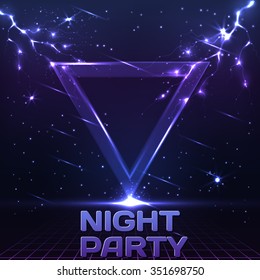 Abstract space technology background. Party banner. Bright shining triangle with lightning on a deep night sky. Vector illustration