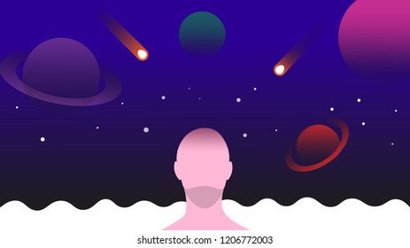 Abstract space vector background with planets, stars and human