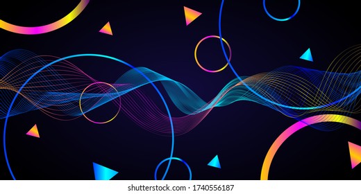 Abstract space vector illustration. Flow of wavy colored lines with geometric shapes on a dark background.