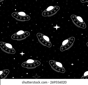 Abstract space vector seamless pattern with saucer-shaped space ships flying across the stars in outer space. Endless texture. You can use any color of background