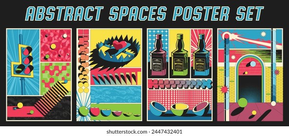 Abstract Spaces Poster Set. Colorful Mosaic 3d Effect Illustrations. Traffic light, Trap, Whiskey, Brick Wall, Geometric Shapes