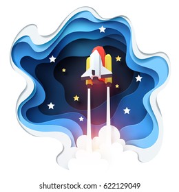 Abstract of spaceship launch to space, paper art concept and exploration idea, vector art and illustration.