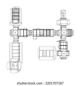 Abstract Spaceship or Space Station Outline. Vector rendering of 3d. Space Technology