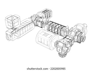Abstract Spaceship or Space Station Outline. Vector rendering of 3d. Space Technology