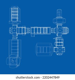 Resumen del contorno de la nave espacial o la estación espacial. Representación vectorial de 3d. Tecnología espacial