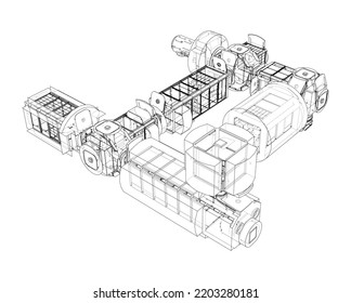 Resumen del contorno de la nave espacial o la estación espacial. Representación vectorial de 3d. Tecnología espacial