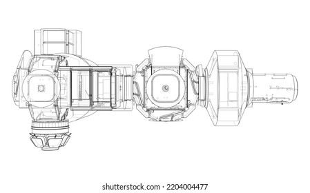 Resumen del contorno de la nave espacial o la estación espacial. Representación vectorial de 3d. Tecnología espacial