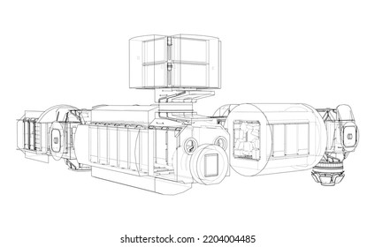 Resumen del contorno de la nave espacial o la estación espacial. Representación vectorial de 3d. Tecnología espacial
