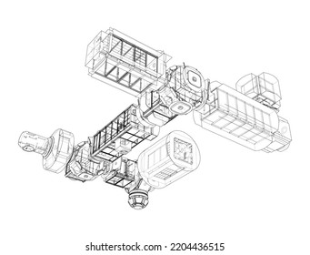 Resumen del contorno de la nave espacial o la estación espacial. Representación vectorial de 3d. Tecnología espacial