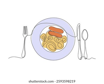 Abstract spaghetti, pasta with sausages on a plate, continuous single one line art hand drawing sketch logo 