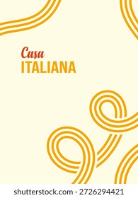 Ondas de espaguete abstrato criam design geométrico mínimo com curvas amarelas e círculos brancos para banners culinários, cartazes de restaurantes e fundos de cozinha modernos. Ilustração vetorial