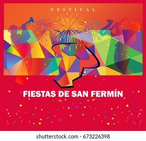 Abstract Spain Fiesta Festival background. Vector bullfight. Fiestas de San Fermin Festival with musicians, fireworks, bulls. Running of the bulls, attraction in this famous celebration, Pamplona