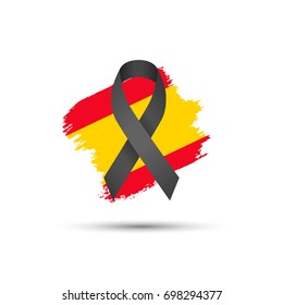 Abstract Spain flag with a black ribbon. Mourn the victims and dead people.