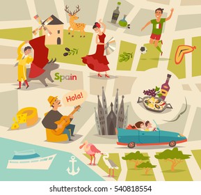 Abstract Spain vector map. Illustrated map of Spain for children/kid. Cartoon Europe atlas with spain landmark: flamenco, guitar, sangria, paella, bullfight,football and jamon. Map for children