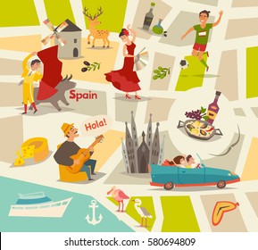 Abstract Spain vector map. Illustrated map of Spain for children. Cartoon Europe atlas with spain landmark. Map for children, travel of Spain design concept