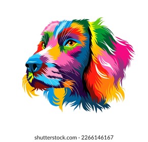 Abstract spaniel dog head portrait from multicolored paints. Puppy muzzle portrait, dog muzzle. Colored drawing. Vector illustration of paints