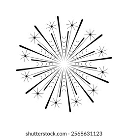 Abstract spark icon with circular firework-inspired design. Radiant flare rays and explosion effect. Firecracker burst in a minimal black on white isolated style