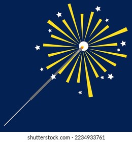 Abstract Sparkler on blue background. Vector illustration of festive hand-held firework. Bengal light.