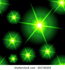 Abstract sparkling background with green starburst in the dark