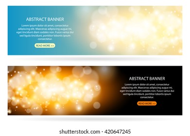 Abstract sparkling cloud light magic blue background. Bright glow spark and bokeh effect horizontal banner set.