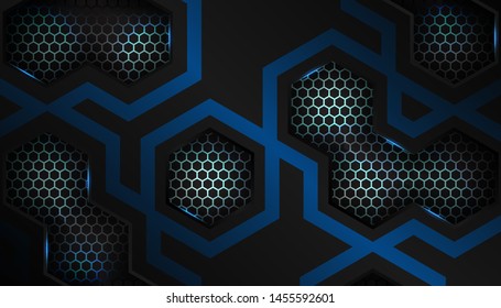 Abstract sparkling dark blue light on hexagon modern background. Luxury futuristic technology background. Modern shape concept with metallic style black frame layout.
