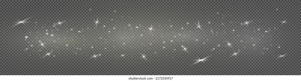 Abstrakte glitzernde Textur. Schlauer Partikeleffekt. Silberglänzende Raumsternstaubspur glänzender Partikel auf transparentem Hintergrund.