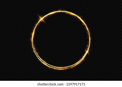 Abstract sparkling golden frame light effect on transparent background. Spark with ring glossy line.