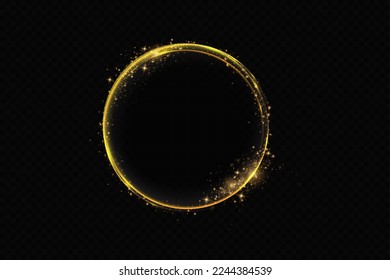 Abstract sparkling golden frame light effect on transparent background. Spark with ring glossy line.