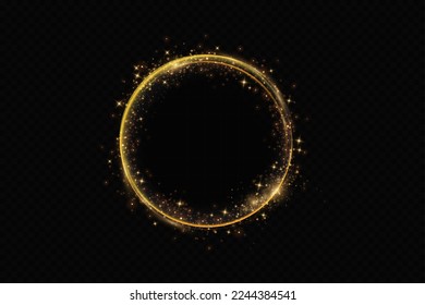 Abstract sparkling golden frame light effect on transparent background. Spark with ring glossy line.