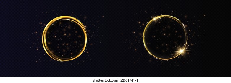 Abstract sparkling golden frame light effect on transparent background. Spark with ring glossy line.