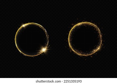 Abstract sparkling golden frame light effect on transparent background. Spark with ring glossy line.