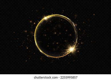 Abstract sparkling golden frame light effect on transparent background. Spark with ring glossy line.