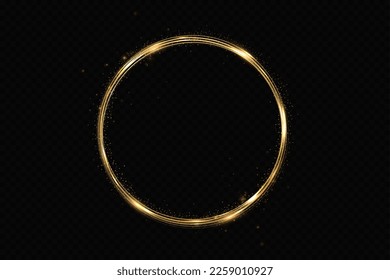 Abstract sparkling golden frame light effect on transparent background. Spark with ring glossy line.