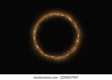 Abstract sparkling golden frame light effect on transparent background. Spark with ring glossy line.
